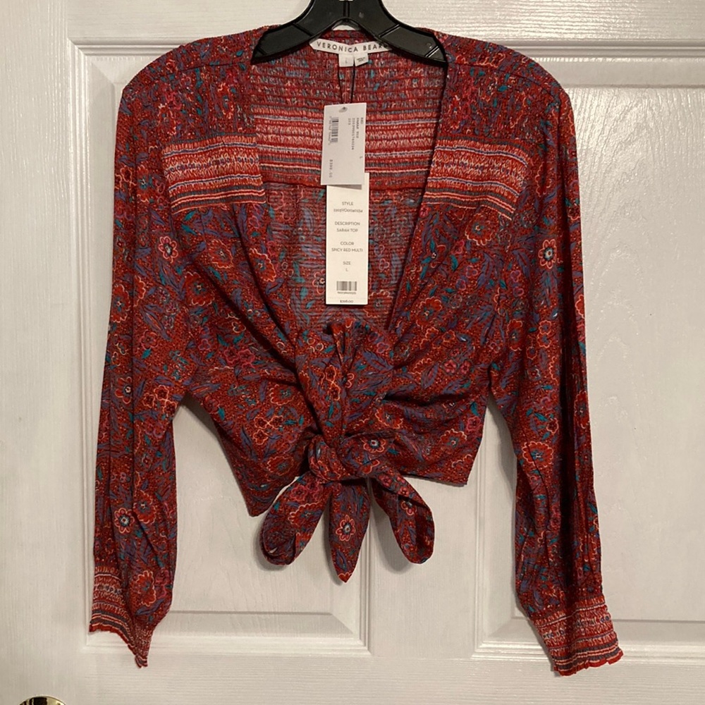 New Veronica Beard Cropped Jaquard Top Size Large Red Sarah Tie-Front Printed